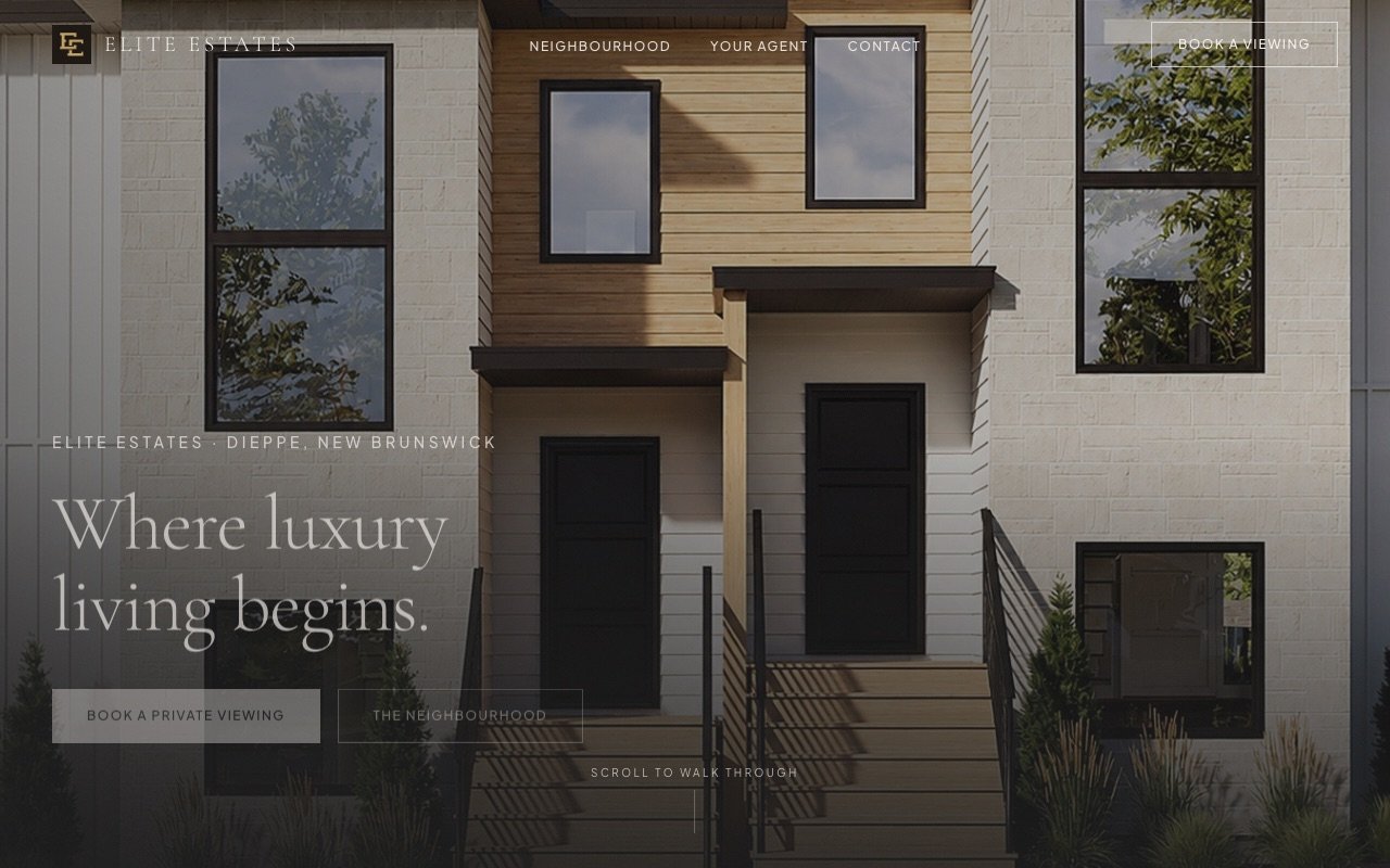 Elite Estates website — modern semi-detached homes in Dieppe, NB